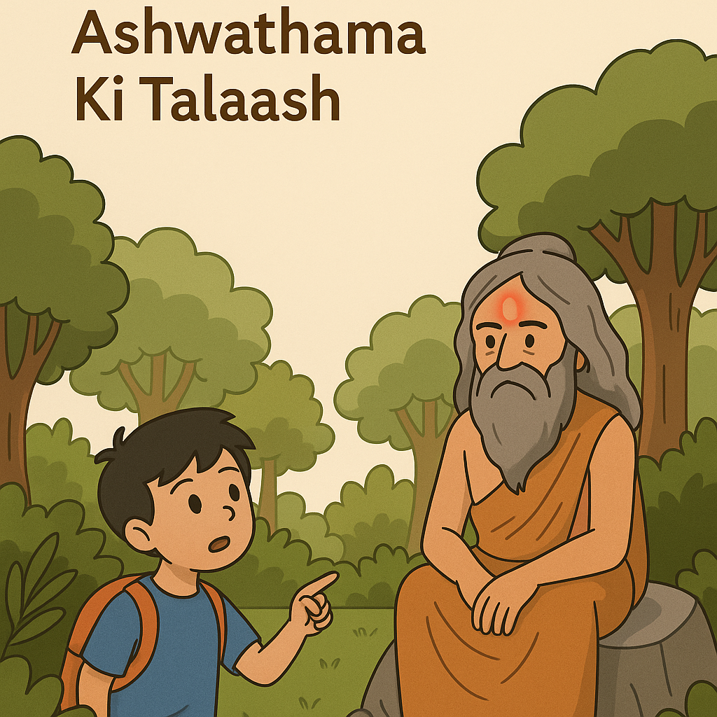 A cartoon-style illustration of a young Indian boy talking to the ancient warrior Ashwathama in a forest, under the title “Ashwathama Ki Talaash” — a perfect cover for the Ashwathama story for kids.