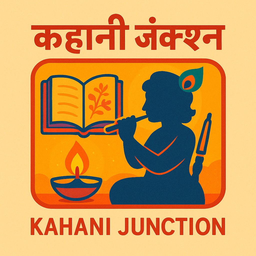 "Kahani Junction bilingual logo with Krishna, diya, and book illustration."