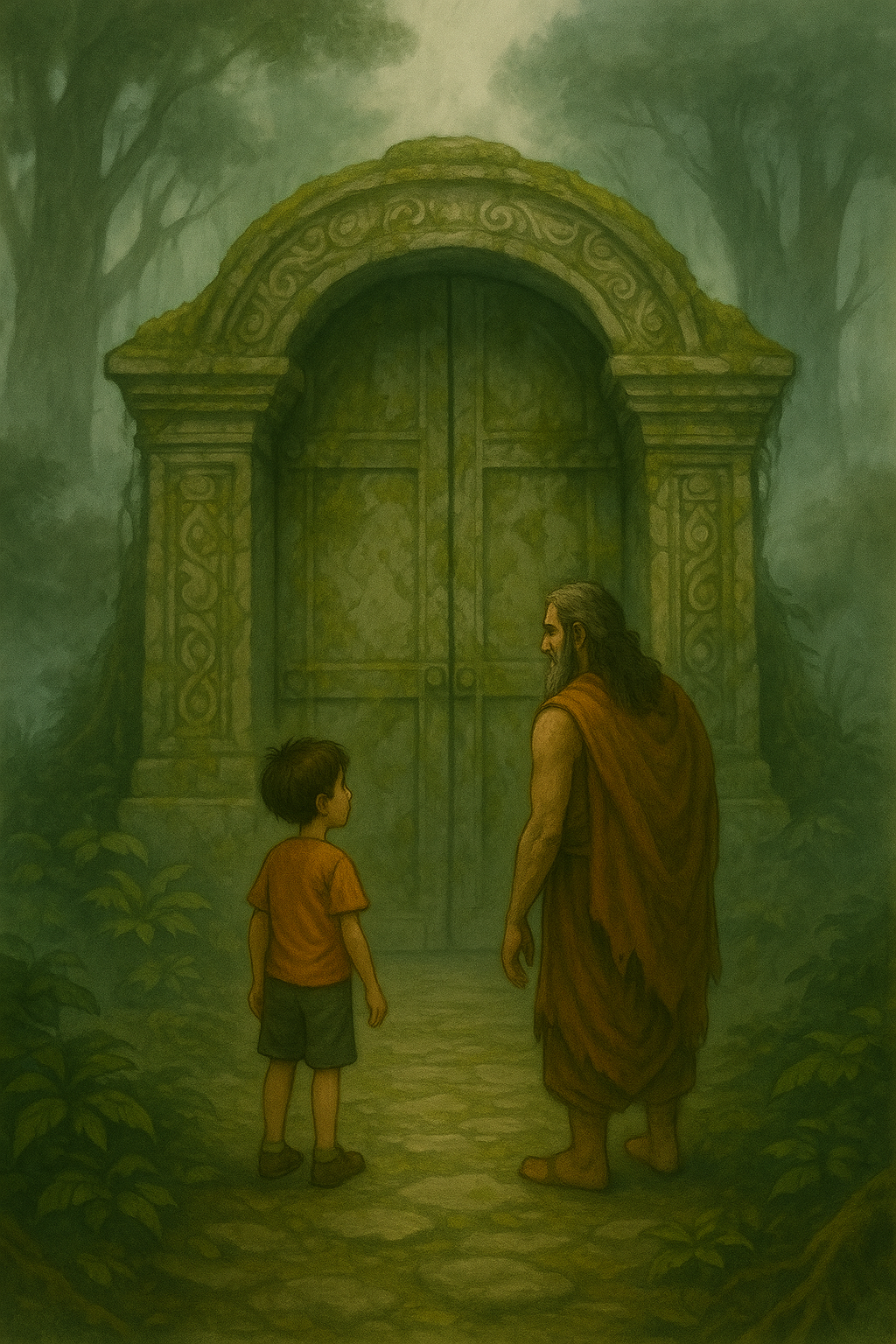 Ashwatthama story for kids part 5 – Rohan and Ashwatthama stand before the ancient stone gate