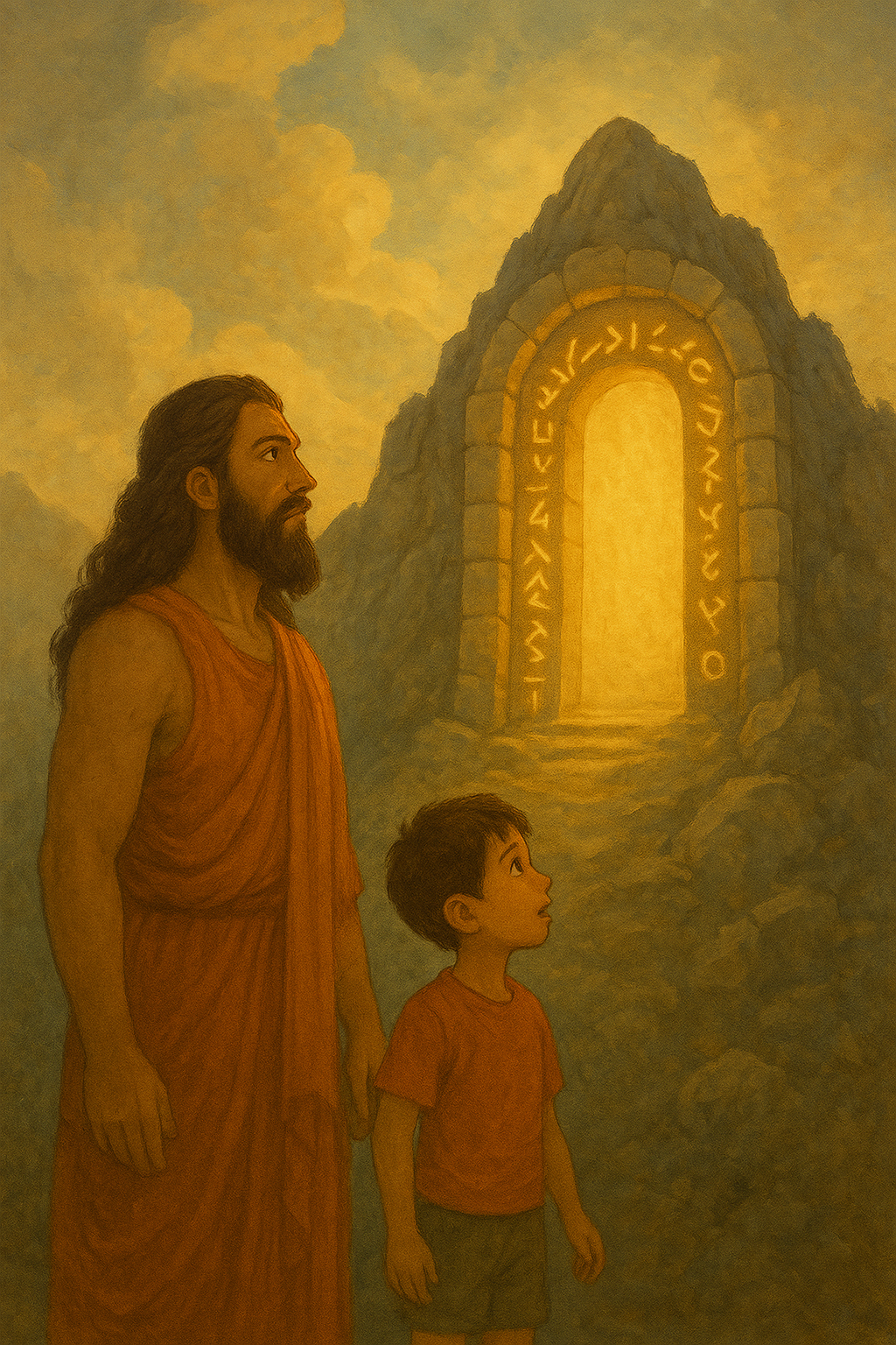 ashwatthama story for kids part 6 – Ancient stone doorway with golden runes at mountain peak