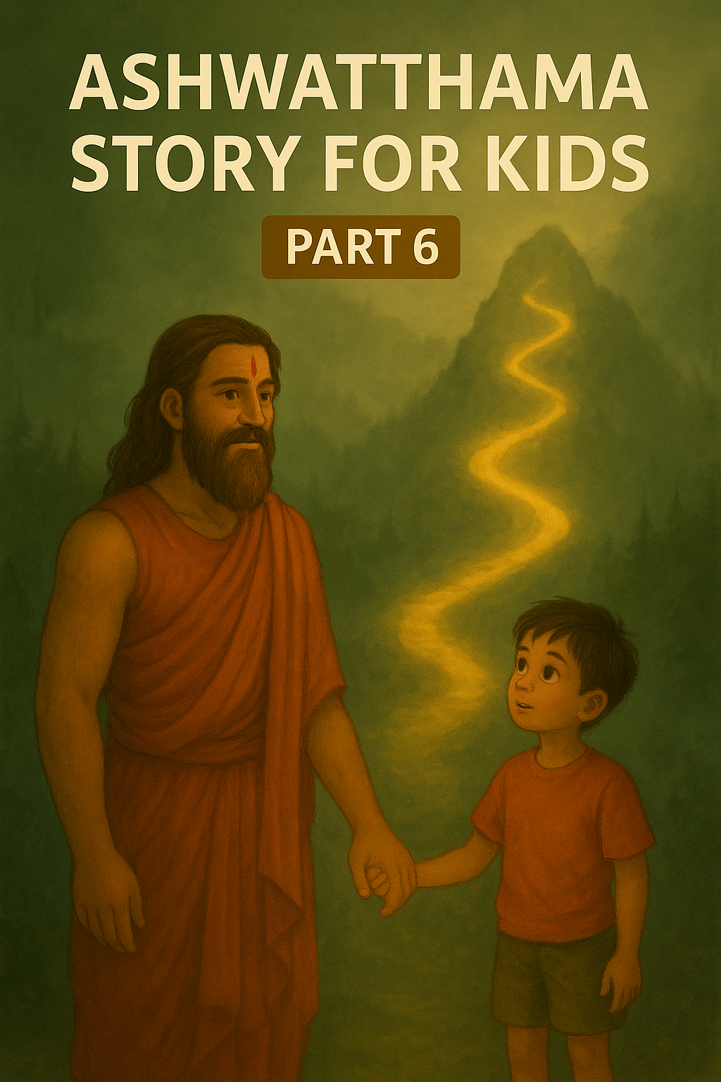 ashwatthama story for kids part 6 – Rohan and Ashwatthama at the start of a glowing mountain path
