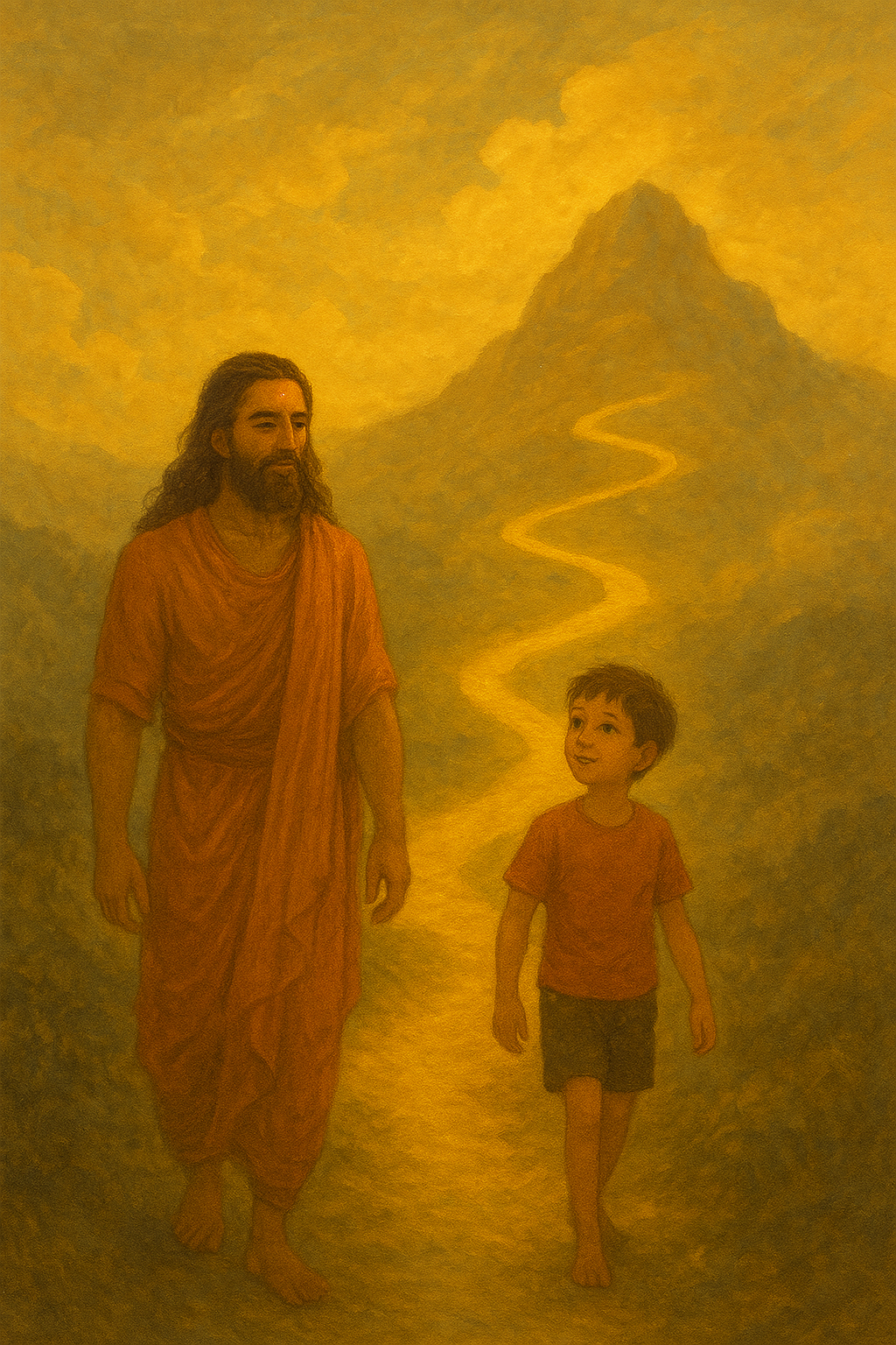 ashwatthama story for kids part 6 – Ashwatthama and Rohan walking down the mountain path at sunset, healed and peaceful