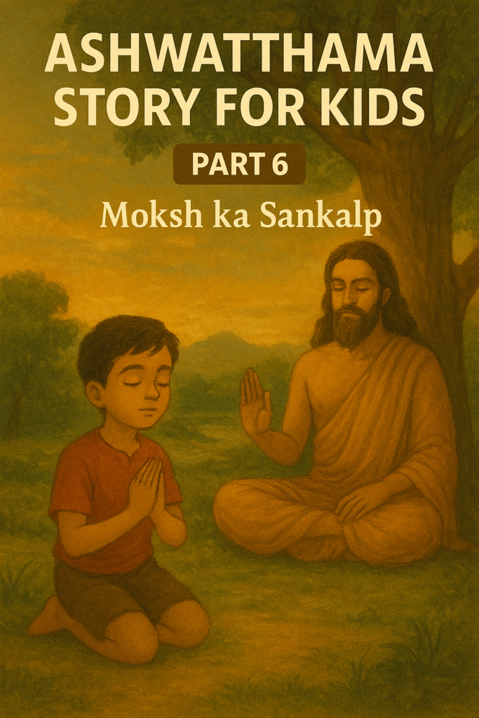 Ashwatthama story for kids part 6 – Ashwatthama and Rohan walking on a glowing golden mountain path toward peace and moksha