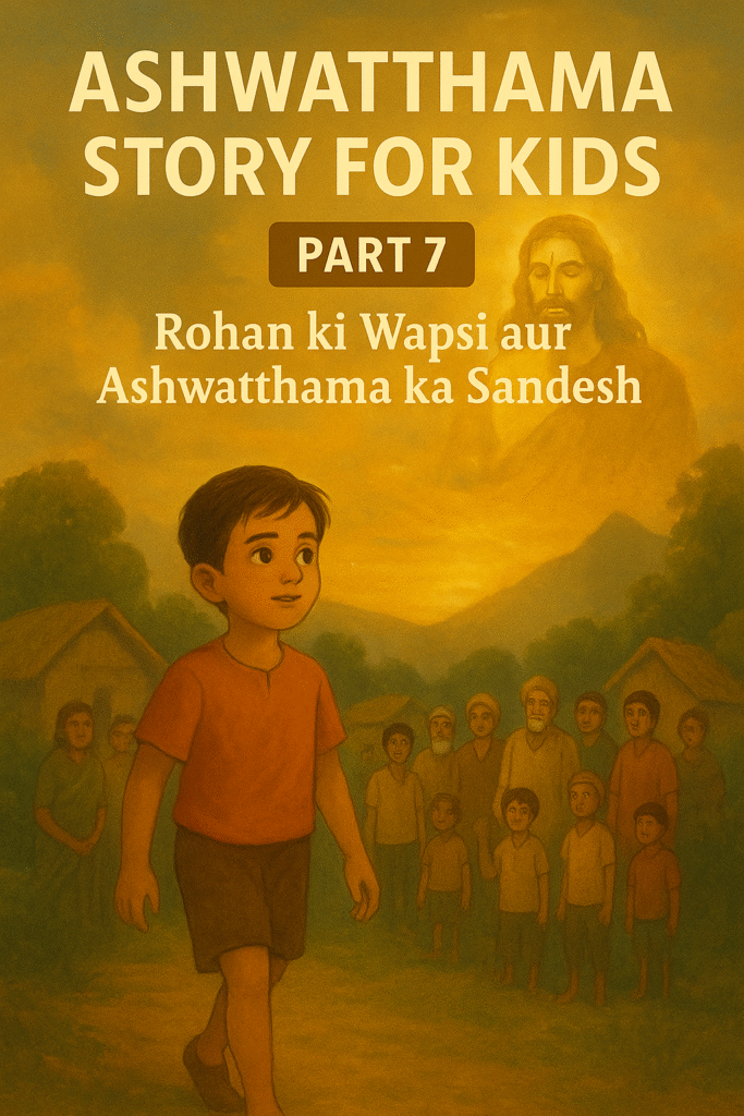 Ashwatthama Story for Kids Part 7 – Rohan returning to his village with Ashwatthama’s message of peace.