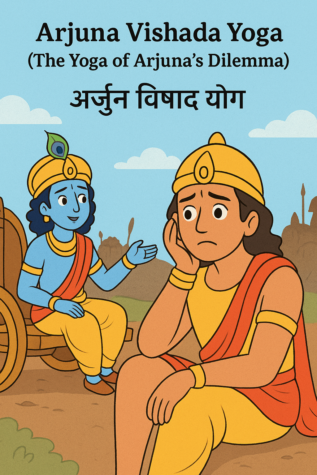 Bhagavad Gita for Kids Chapter 1 – Arjuna confused on battlefield illustration