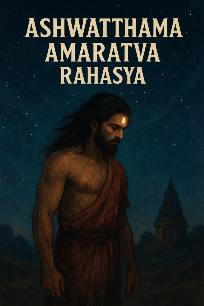 Ashwatthama Amaratva Rahasya – Mahabharata’s immortal warrior with glowing forehead gem, standing under a starry night sky near an ancient temple