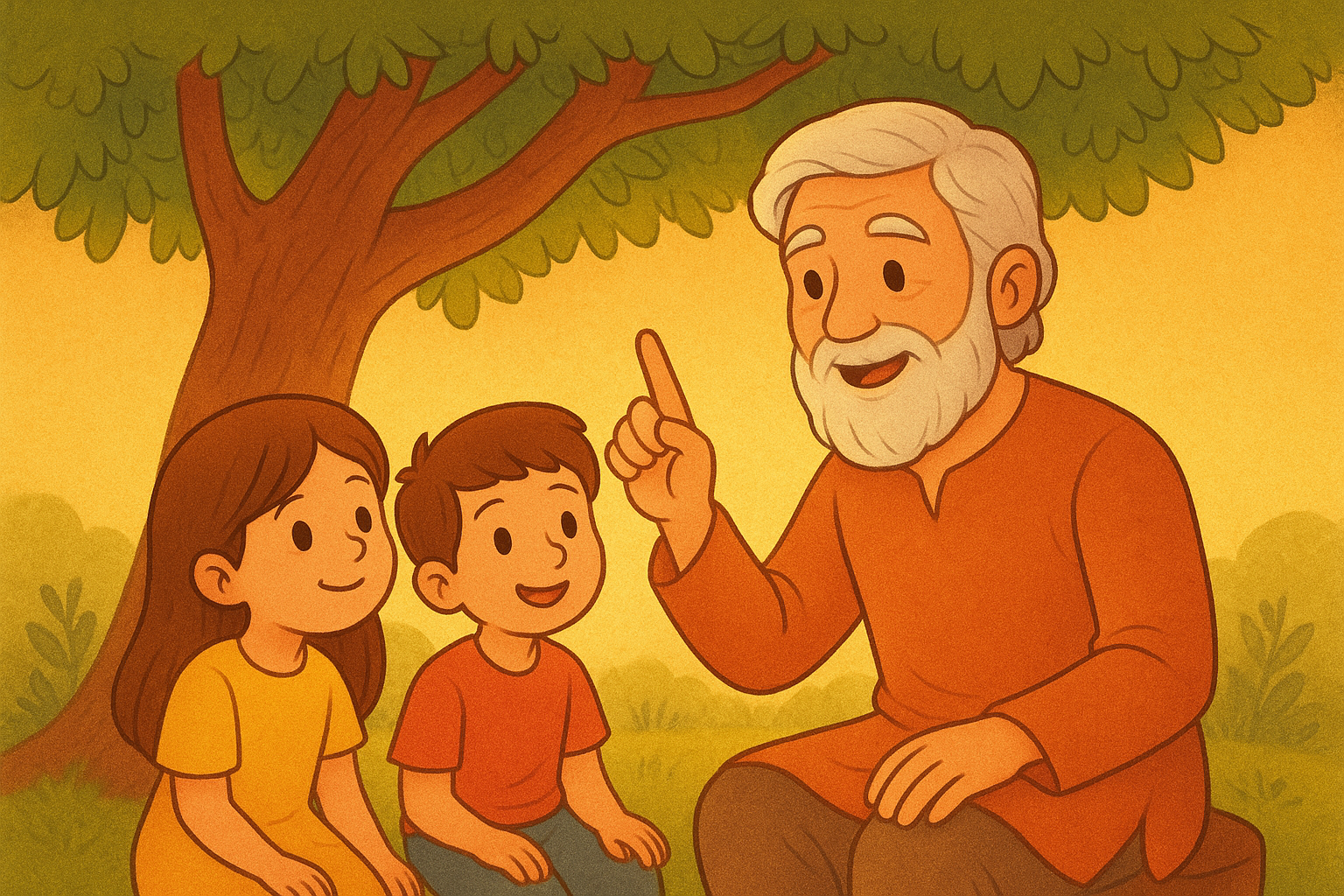 Elder teaching two children under a tree about courage and right decision – kids-friendly moral illustration