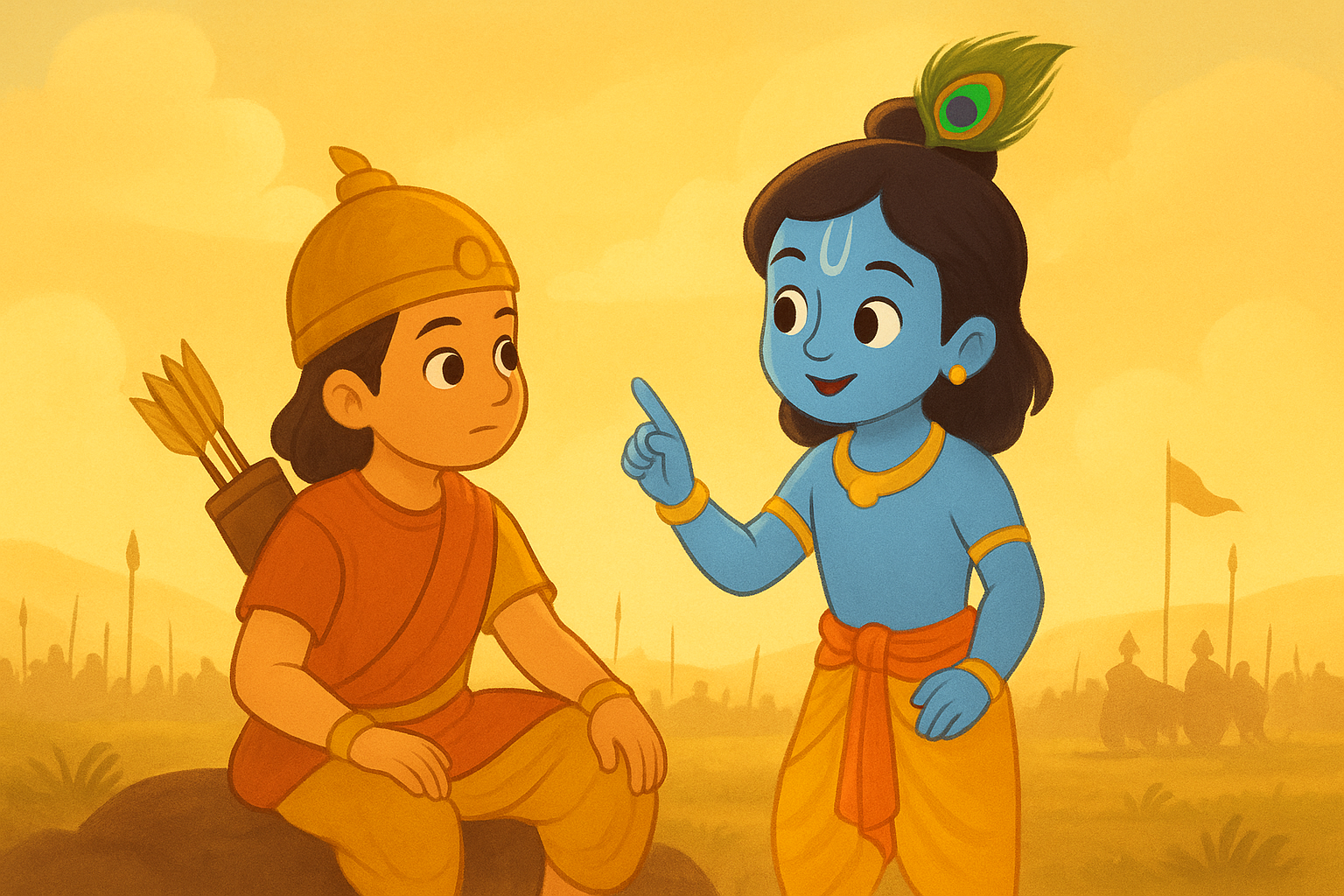 Bhagavad Gita for Kids – Chapter 2 Krishna guiding Arjuna with wisdom