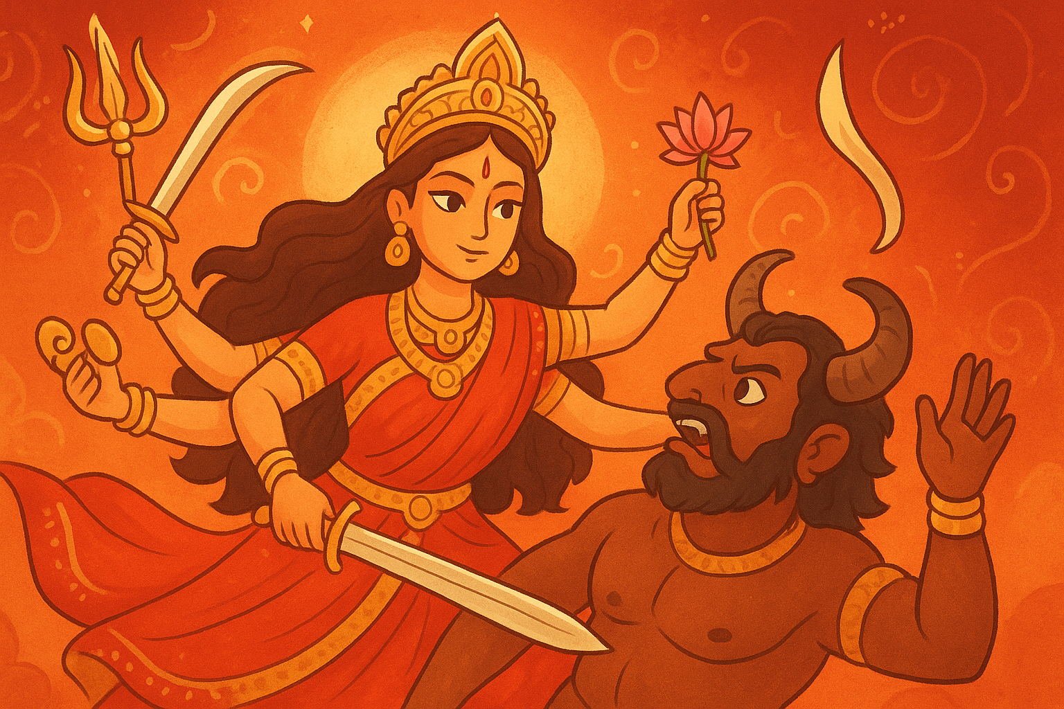 Image placeholder: Maa Durga fighting Mahishasura for Durga Mahishasura story for kids