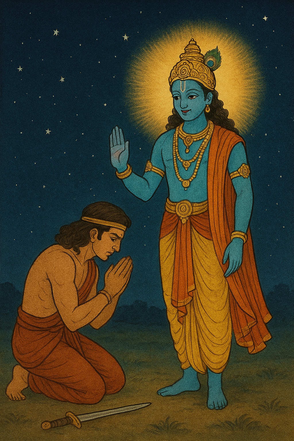 Pinterest vertical pin of Krishna and Ashwatthama