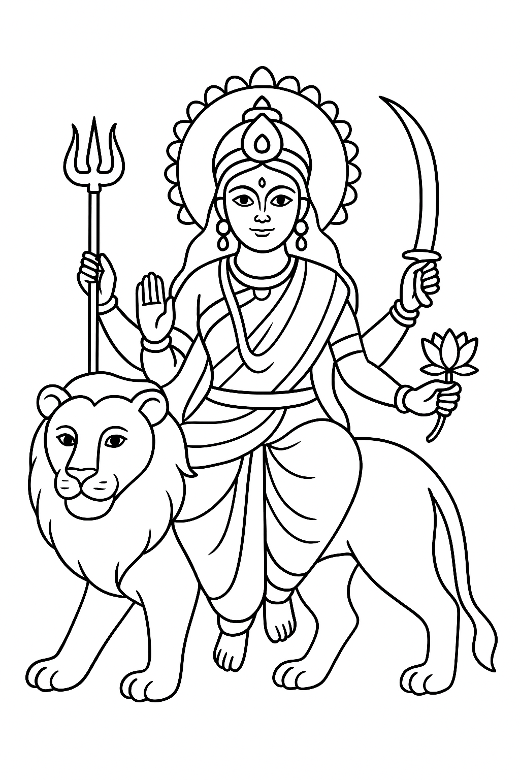 Outline drawing of Maa Durga riding a lion for kids — coloring page