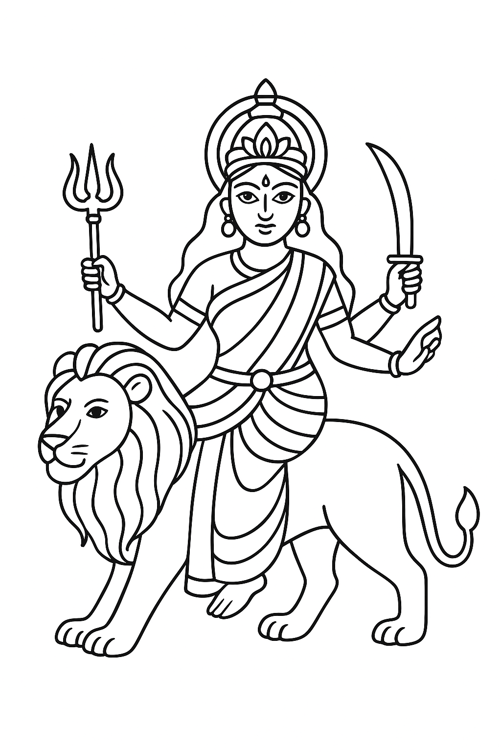 Outline drawing of Maa Durga riding a lion for kids — coloring page