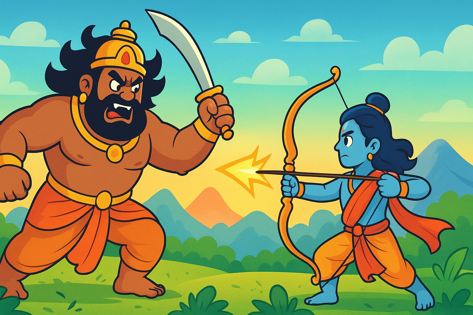 Kids-friendly illustration of Lord Ram fighting Kumbhkarna