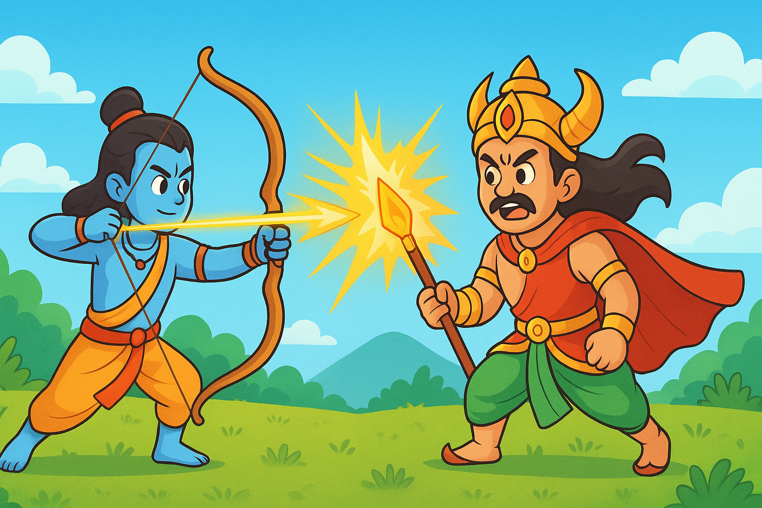 Children-friendly illustration of Lord Ram and Lakshman fighting Meghnad/Indrajit