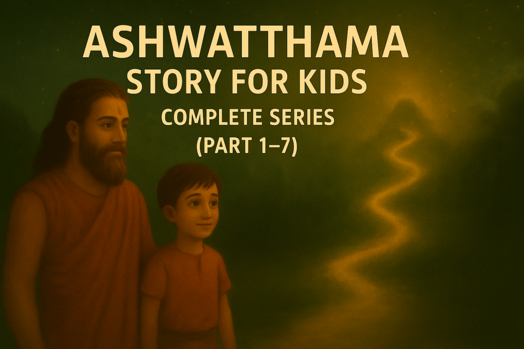 Ashwatthama Story for Kids – Complete Series (Part 1–7) with young Rohan learning life lessons in an ancient forest setting.