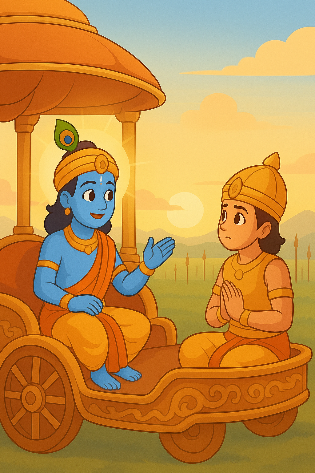 A glowing book of wisdom as Krishna guides Arjuna to act with understanding