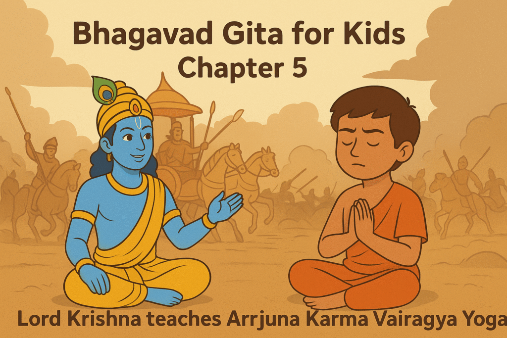 Lord Krishna teaching Arjuna Karma Vairagya Yoga on a chariot battlefield from Bhagavad Gita Chapter 5 for Kids