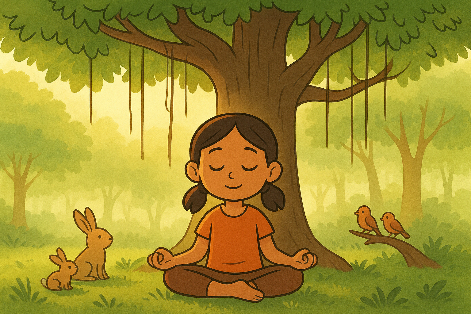 Tia meditating under a tree learning dhyan yoga from bhagavad gita for kids chapter 6