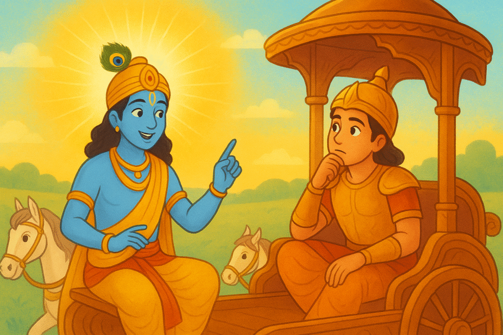 Cartoon-style illustration of Lord Krishna teaching Arjuna about knowledge and wisdom on the battlefield of Kurukshetra, with a glowing golden aura and a peaceful morning background.