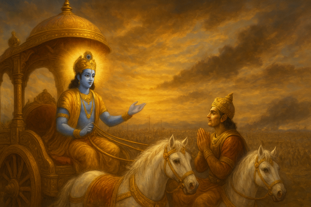 Lord Krishna teaching Arjuna on the battlefield of Kurukshetra, seated on a chariot, with Arjuna listening attentively while riding his horse.