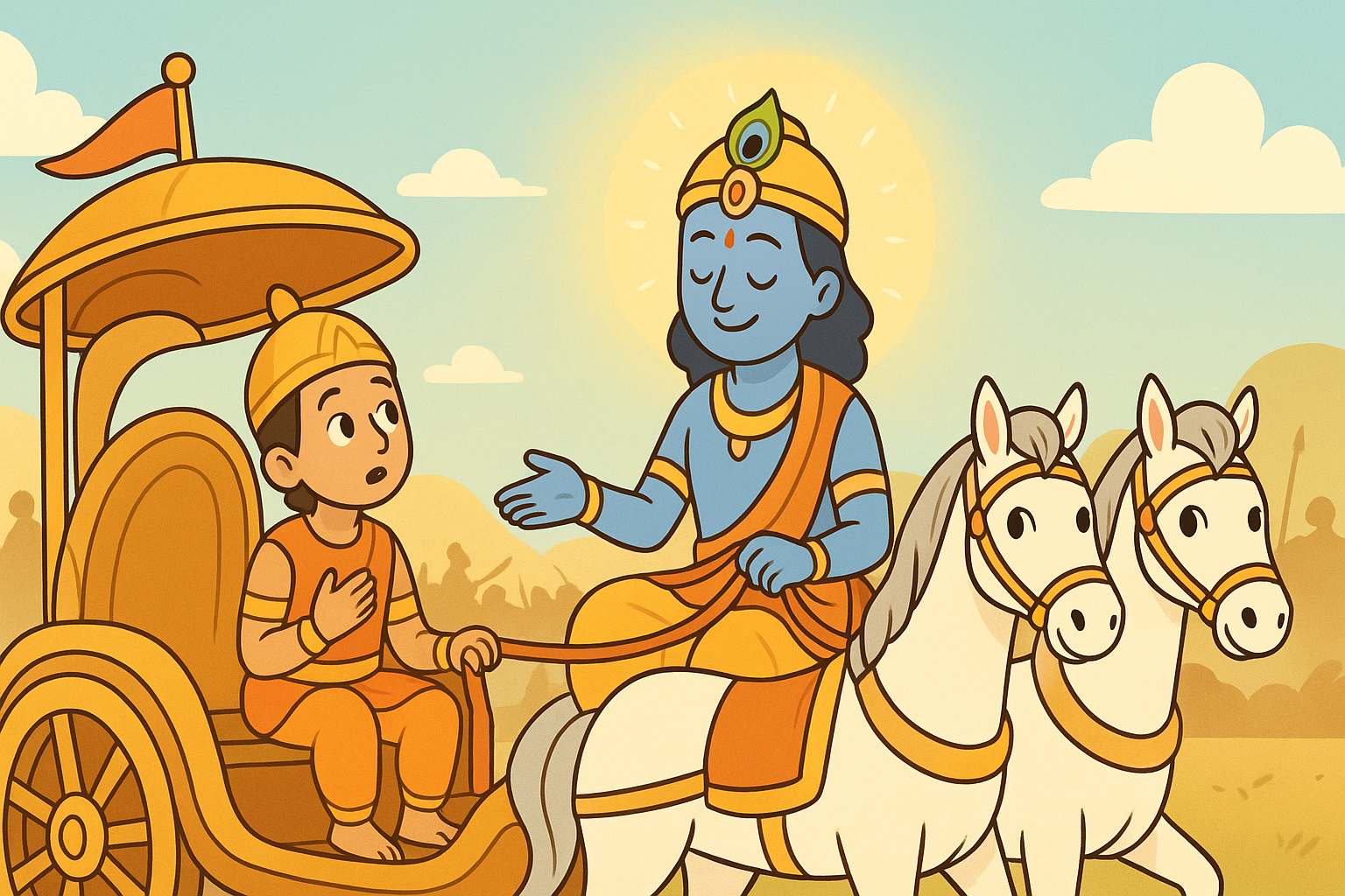 Arjuna listening to Krishna in Bhagavad Gita for Kids Chapter 3 about Karma Yoga