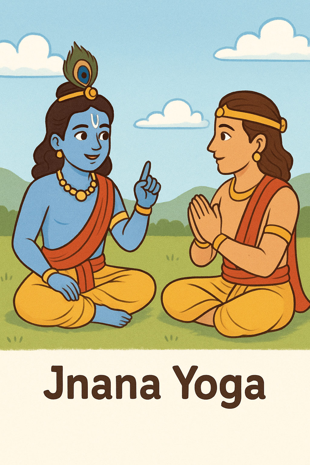Lord Krishna teaching Jnana Yoga to Arjuna in Bhagavad Gita for Kids Chapter 4