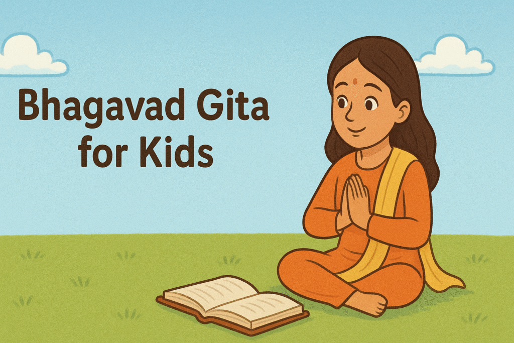 Illustration of a young girl reading and learning Jnana Yoga from the Bhagavad Gita for Kids Chapter 4