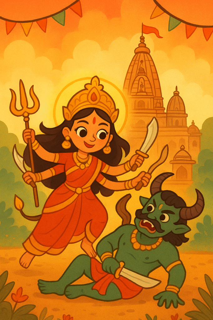 Kids-friendly cartoon illustration of Maa Durga defeating Mahishasura in front of Ujjain Mahakaleshwar temple, vibrant Navratri colors, divine and cheerful atmosphere.