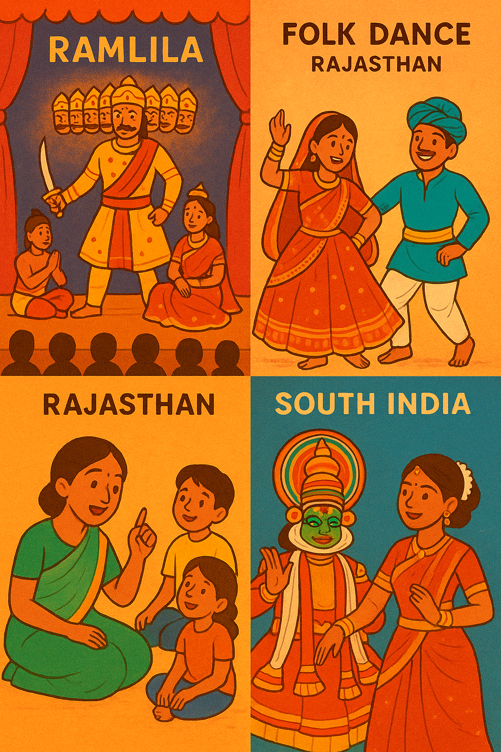 Collage-style kids-friendly illustration showing Ramayana performances in India: Ramlila in Uttar Pradesh with stage, folk dance in Rajasthan, storytelling in South India, with colorful costumes in a vibrant and cheerful atmosphere.