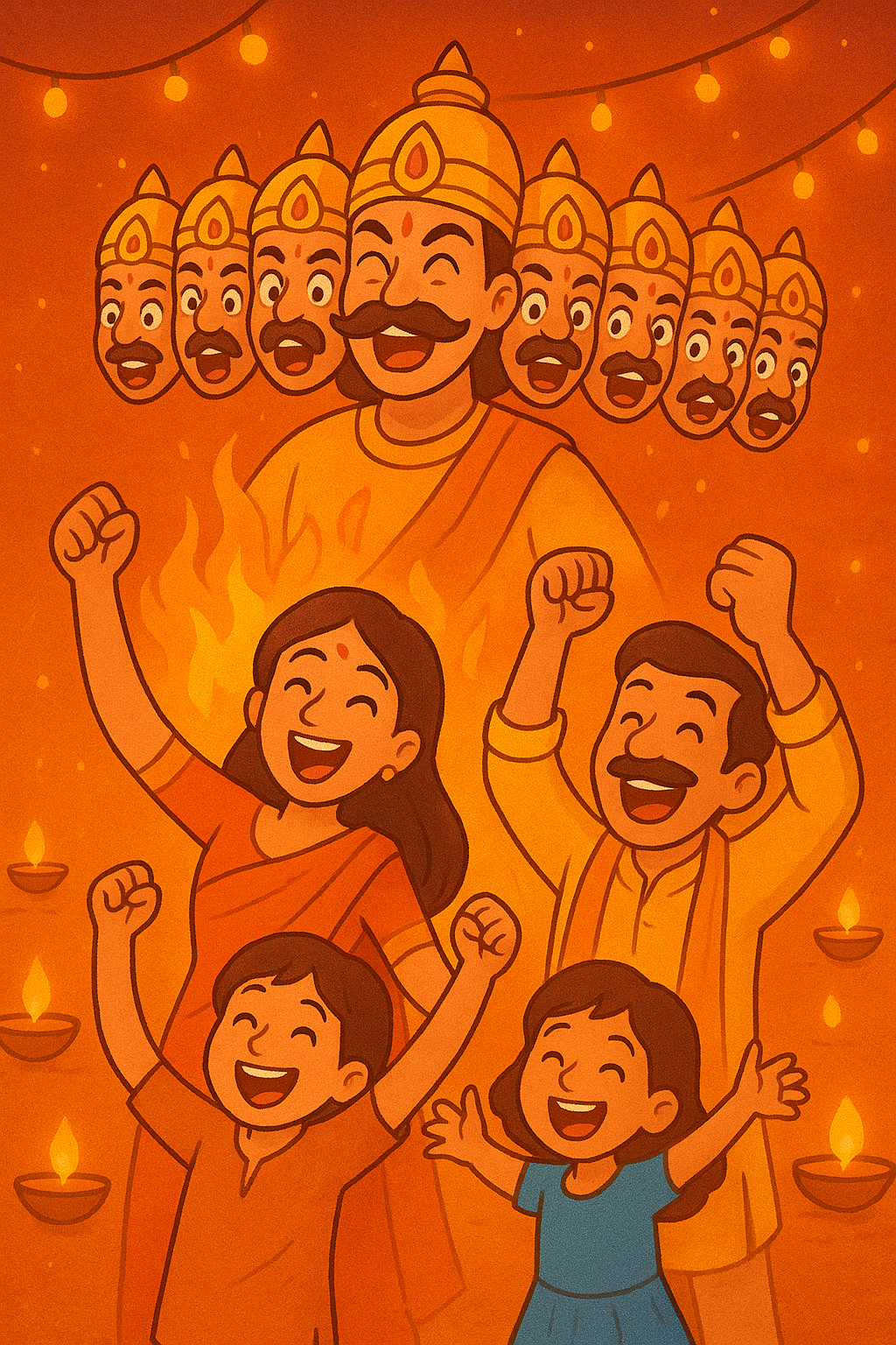 Joyful illustration of people celebrating after Ravan’s defeat, with glowing lamps and diyas, children cheering, and a festive cartoon-style atmosphere in warm colors.