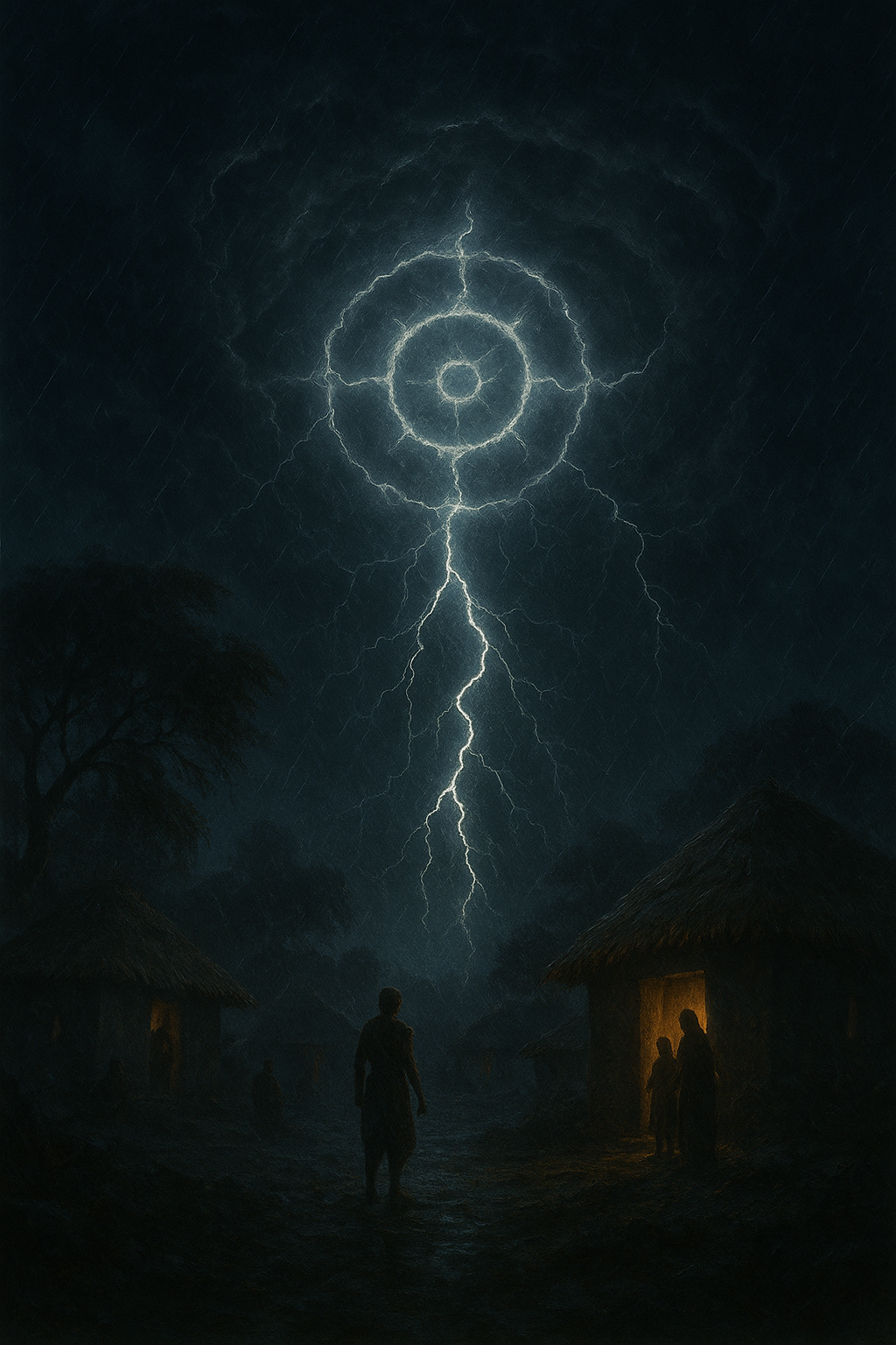 Dark thunderstorm over Indian village, lightning forming Vishnu’s chakra in the sky