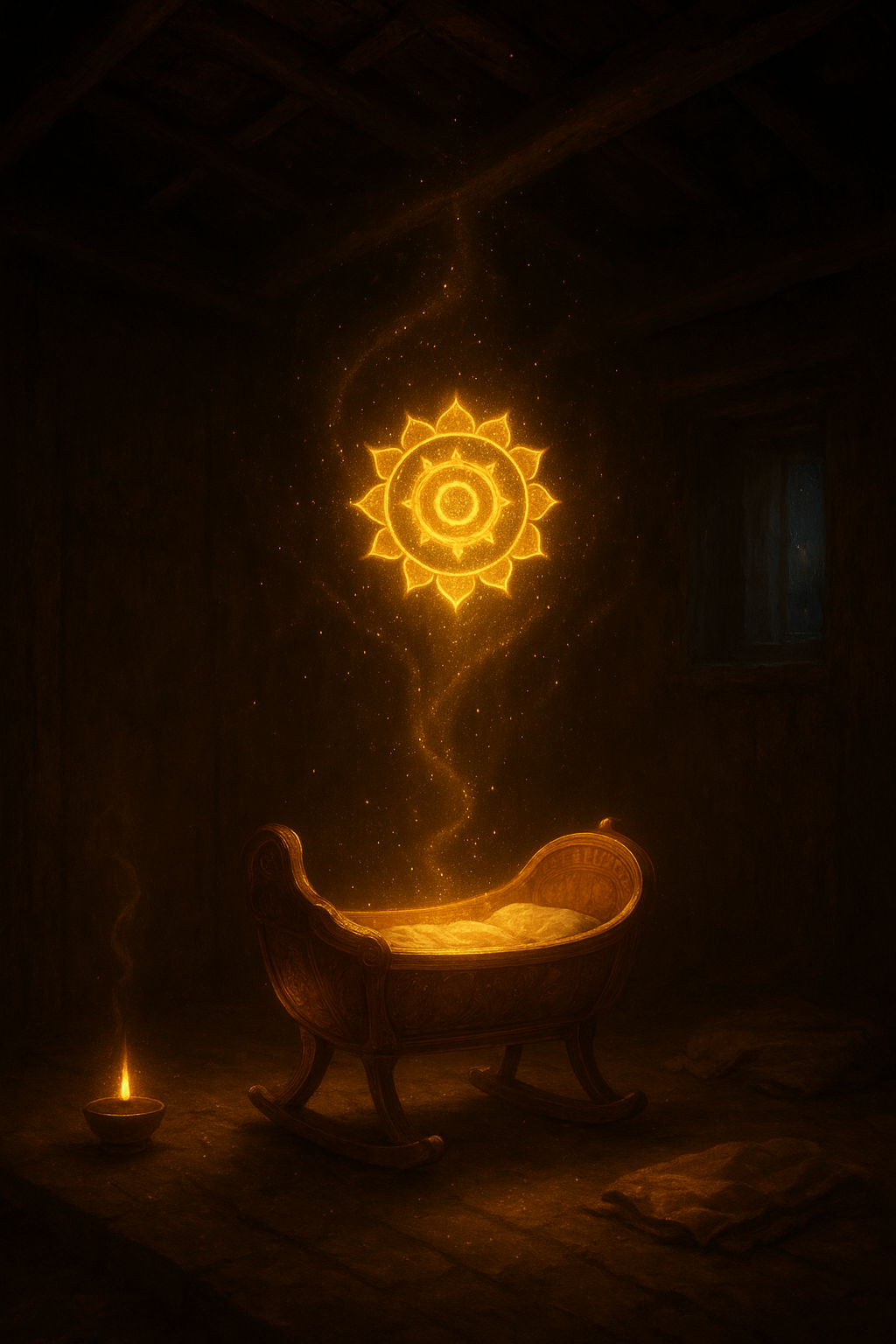 Newborn child glowing faintly, mark of Vishnu chakra on wrist-Kalki Avatar Prophecy Episode 2