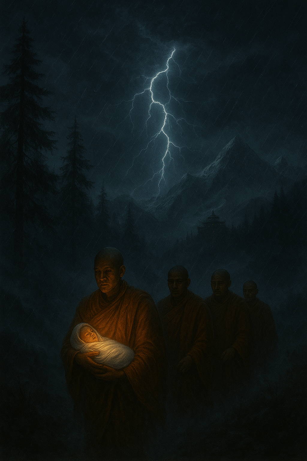 Monks carrying the divine child through storm to hidden Himalayan monastery