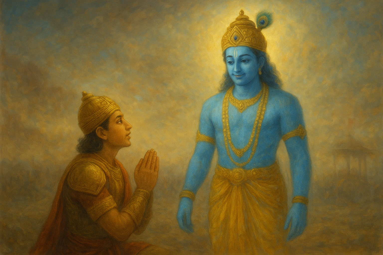 Arjuna requesting Krishna to reveal His form in Bhagavad Gita for Kids Chapter 11 — placeholder