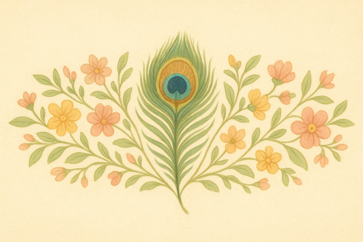 Decorative banner with peacock feather and soft floral border