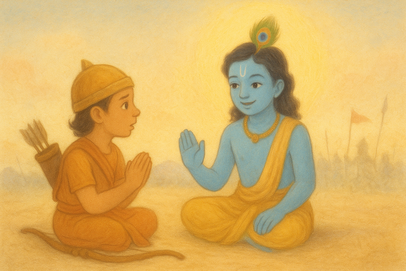 Arjuna asking questions about the body and soul — kid-friendly devotional illustration