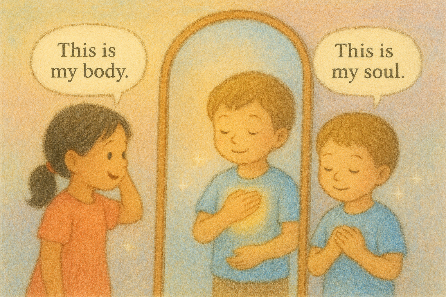 Children doing body and soul mirror activity — kid-friendly spiritual image
