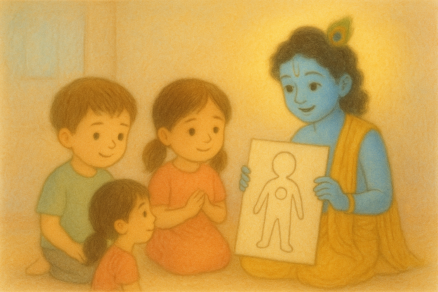 Kids sitting with Krishna learning body and soul concept — FAQ section illustration