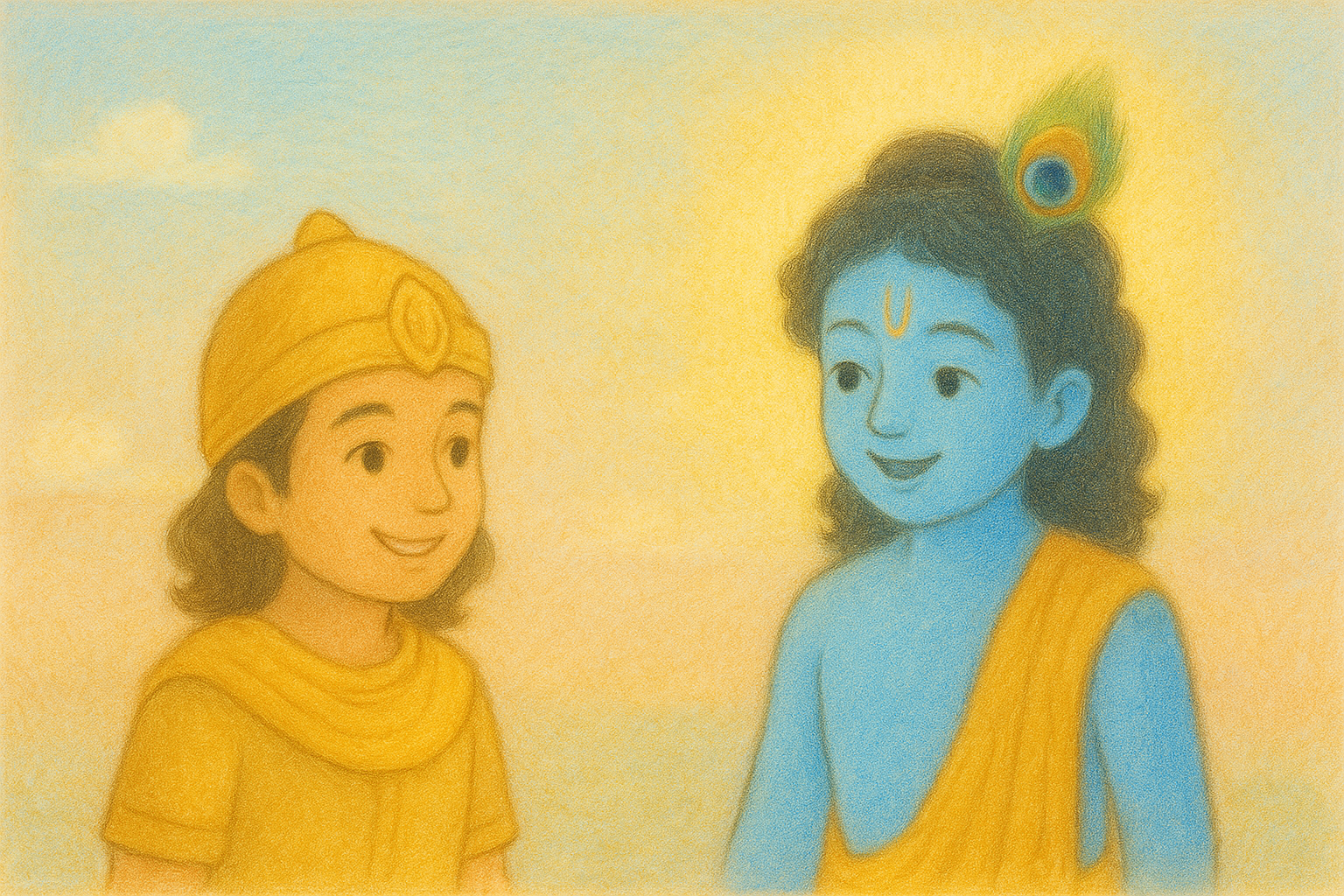 Krishna and Arjuna smiling banner — children’s Gita chapter banner image