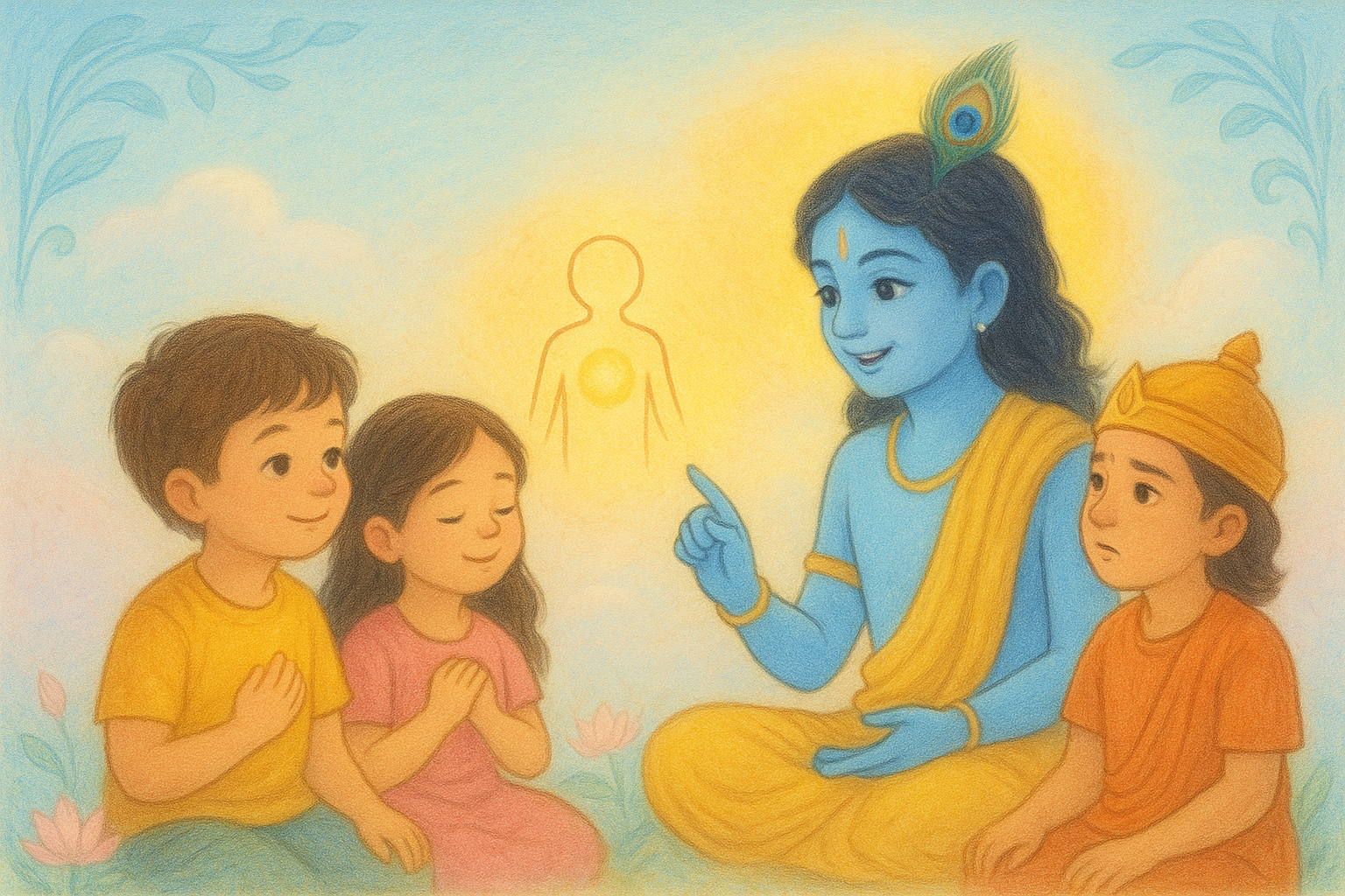 Bhagavad Gita for Kids Chapter 13 featured illustration — Krishna teaching body and soul concept to Arjuna and children