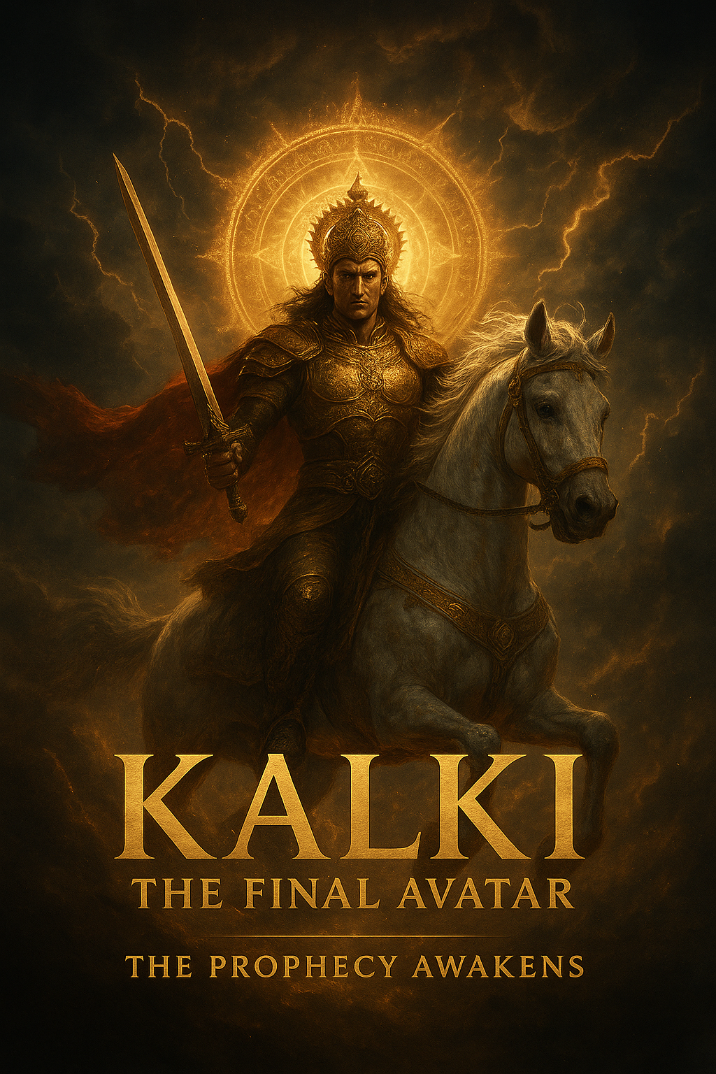 Kalki Avatar prophecy Netflix-style poster – warrior on white horse emerging from storm