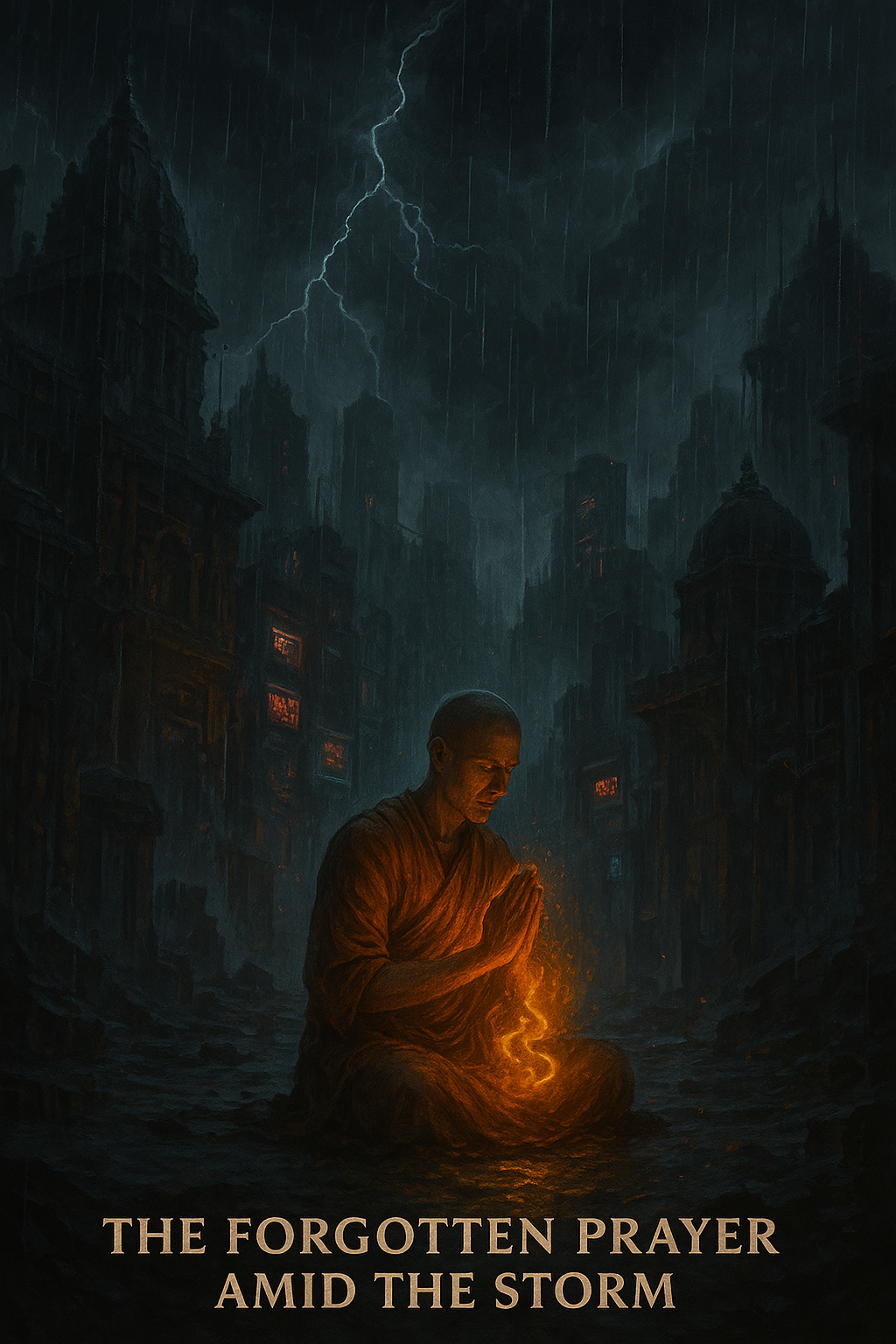 Dystopian Indian city under storm with monk chanting Om Namo Narayanaya in ruins