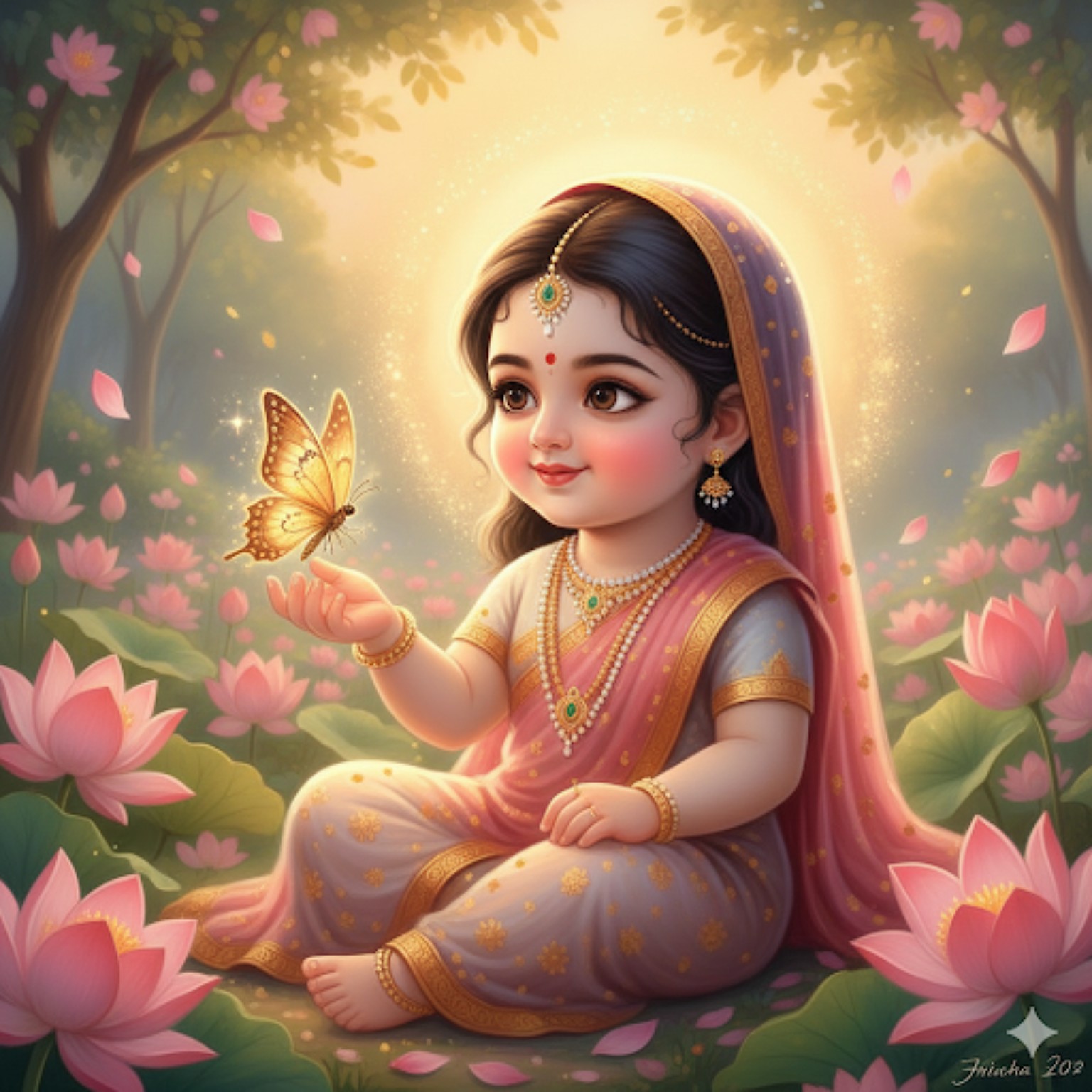 Cute Baby Radha playing with butterfly in lotus garden, kid friendly devotional artwork