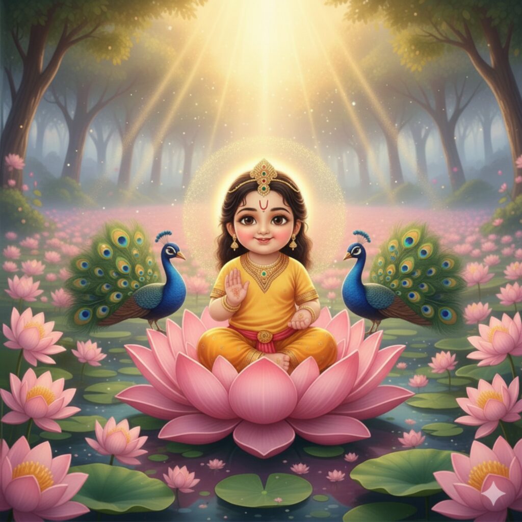 Divine baby Radha sitting on a lotus surrounded by lotus flowers and peacocks, glowing heavenly light, Vrindavan forest background, kid-friendly devotional artwork.