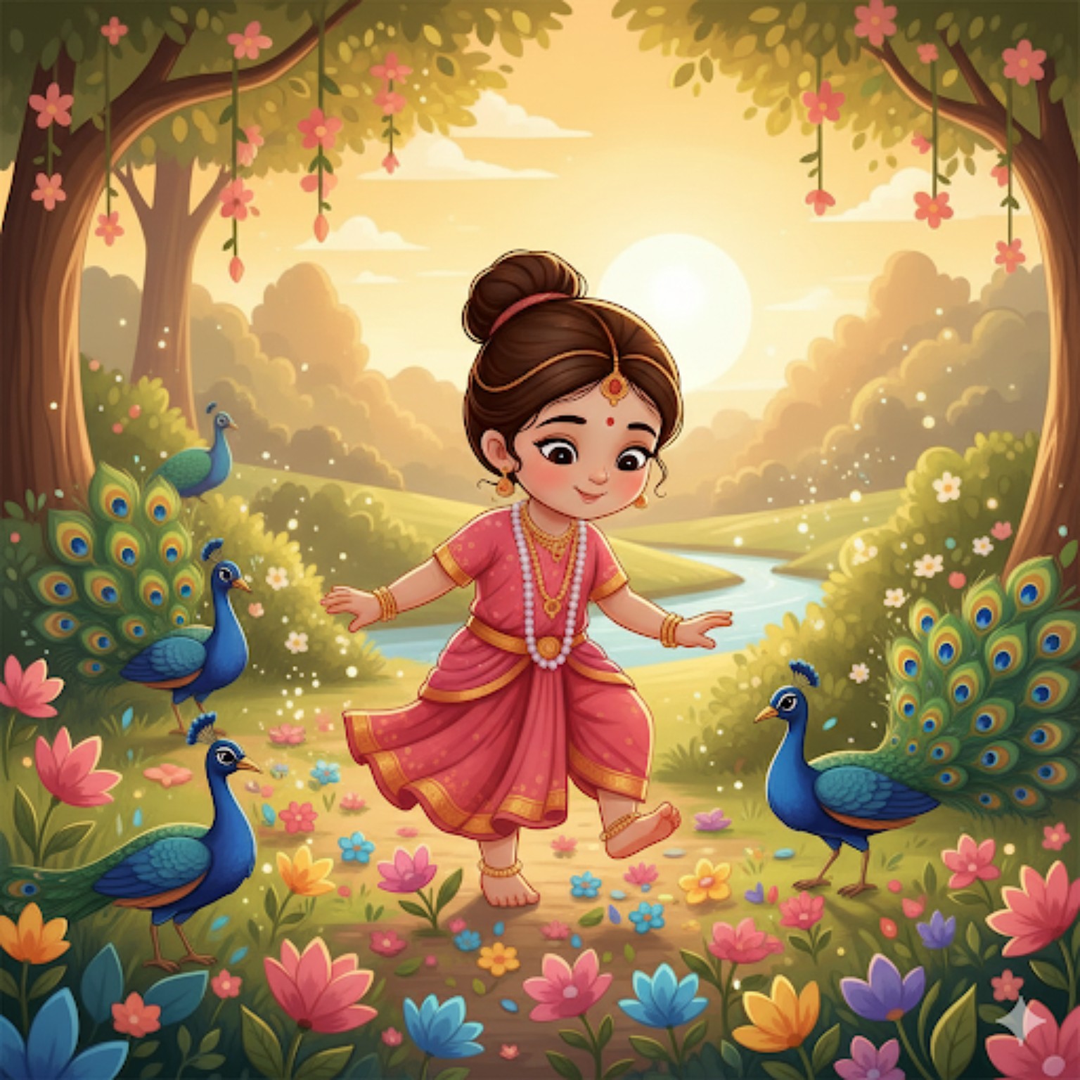 Cute baby Radha Rani playing in Vrindavan garden with peacocks, kid-friendly devotional illustration

         class=