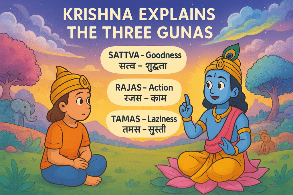 Bhagavad Gita Chapter 14 for Kids – Krishna explaining the three gunas Sattva, Rajas and Tamas to Arjuna in a colorful cartoon illustration