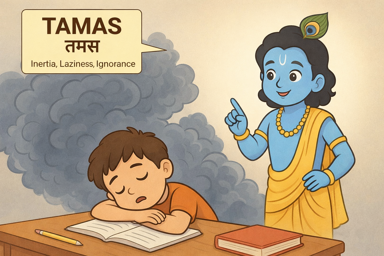 Child sleeping with grayish-blue Tamas aura, Krishna gently pointing, pastel cartoon style