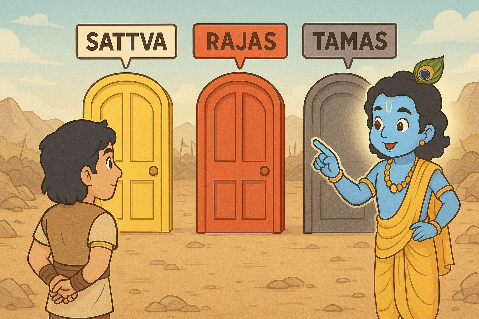 Bhagavad Gita for Kids Chapter 14 illustration showing three gunas – Sattva, Rajas and Tamas, Krishna explaining to Arjuna in comic style