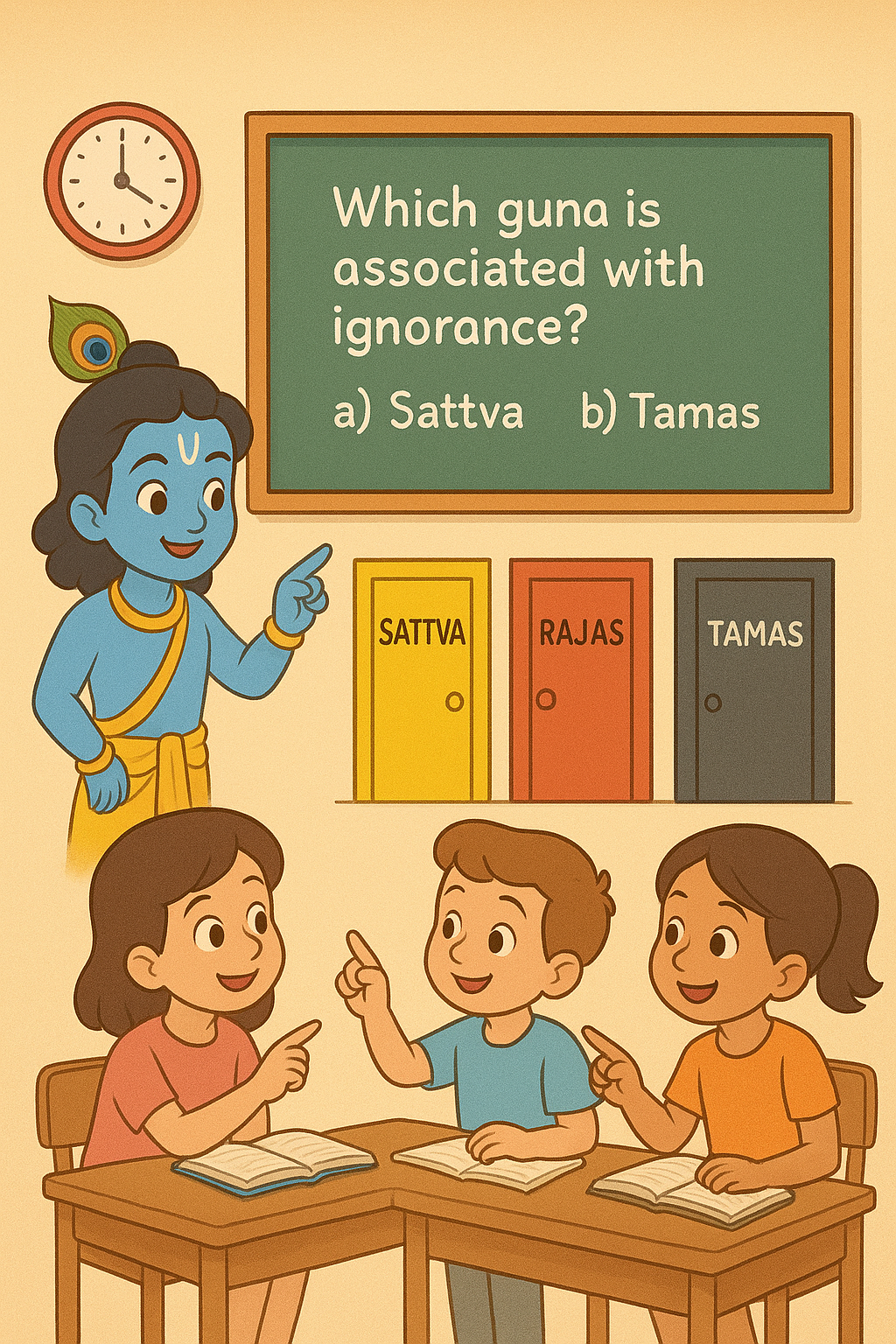 Three doors: yellow Sattva, red Rajas, dark gray Tamas, Arjuna and kids drawing examples, cartoon-style