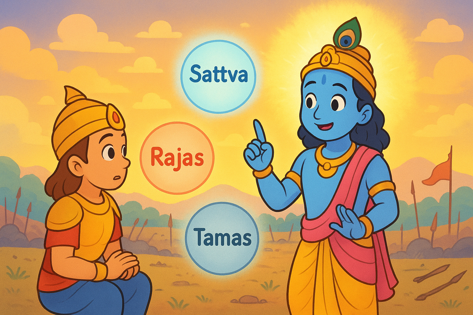 Bhagavad Gita for Kids Chapter 14 - Krishna explaining Arjuna about Sattva, Rajas, and Tamas on Kurukshetra battlefield, kid-friendly cartoon style